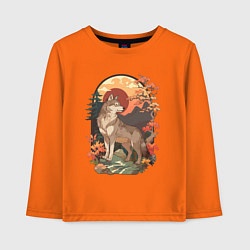 Лонгслив хлопковый детский Волк в лесу в японском стиле, цвет: оранжевый