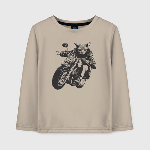 Детский лонгслив Сфинкс байкер кот на мотоцикле чоппере / Миндальный – фото 1