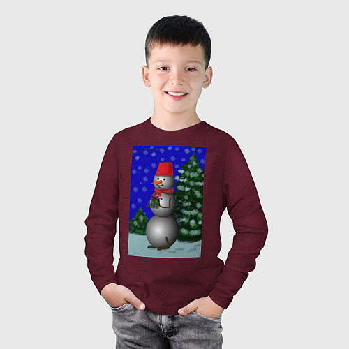 Детский лонгслив Снеговичок с подарком под елкой / Меланж-бордовый – фото 3