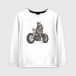 Лонгслив хлопковый детский Кошка байкер на мотоцикле чоппере, цвет: белый