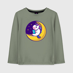 Лонгслив хлопковый детский Единорог читает на луне, цвет: авокадо
