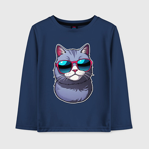 Детский лонгслив Модный летний кот в солнечных очках / Тёмно-синий – фото 1