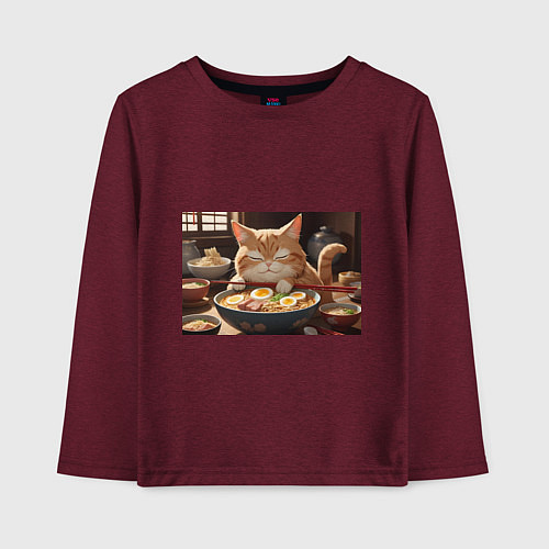 Детский лонгслив Кот обожает рамен / Меланж-бордовый – фото 1