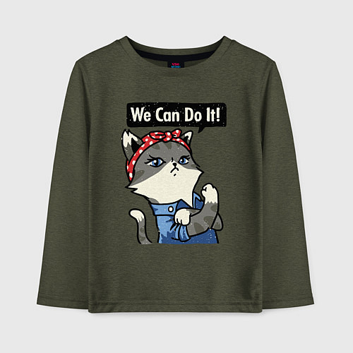 Детский лонгслив We can do it - cat / Меланж-хаки – фото 1