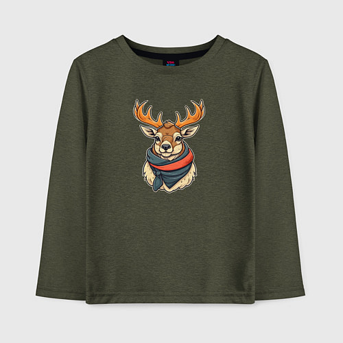 Детский лонгслив Олень в шарфе / Меланж-хаки – фото 1