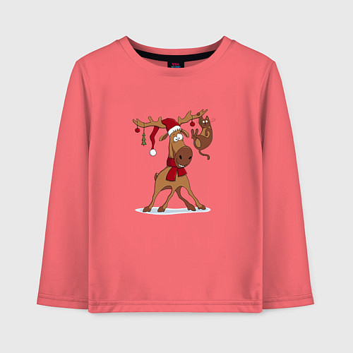 Детский лонгслив Новогодний олень с котиком / Коралловый – фото 1