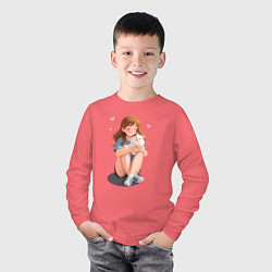 Лонгслив хлопковый детский Белый хомяк и счастливая девушка, цвет: коралловый — фото 2