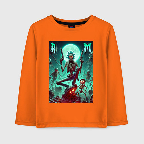 Детский лонгслив Скелет Рика с двумя пистолетами и Морти / Оранжевый – фото 1
