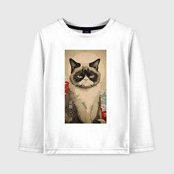 Лонгслив хлопковый детский Мемный кот - японский стиль, цвет: белый