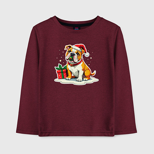 Детский лонгслив Новогодний бульдог с игрушкой / Меланж-бордовый – фото 1