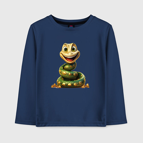 Детский лонгслив Зеленая змейка с улыбкой / Тёмно-синий – фото 1
