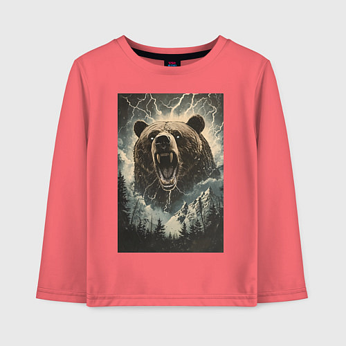Детский лонгслив Оскаленная морда медведя / Коралловый – фото 1