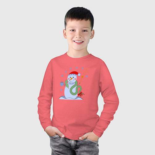 Детский лонгслив Новогодний снеговик и змея / Коралловый – фото 3