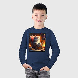 Лонгслив хлопковый детский Уютный кот у камина с чашкой какао, цвет: тёмно-синий — фото 2