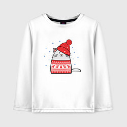 Лонгслив хлопковый детский Кот в свитере с оленями и красной шапке, цвет: белый