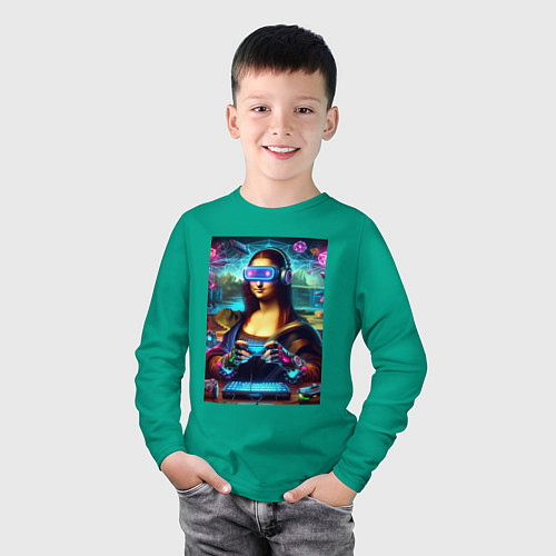 Детский лонгслив Mona Lisa is an avid gamer - cyberpunk / Зеленый – фото 3