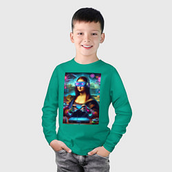 Лонгслив хлопковый детский Mona Lisa is an avid gamer - cyberpunk, цвет: зеленый — фото 2
