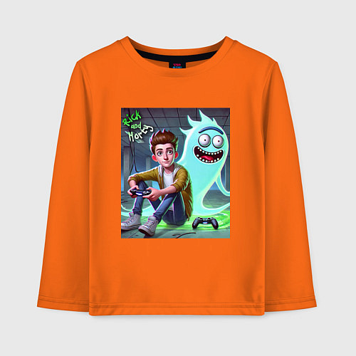 Детский лонгслив Морти и призрак Рика Санчеса - нейроарт фантазия / Оранжевый – фото 1