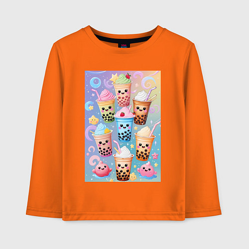 Детский лонгслив Улыбающиеся яркие разноцветные стаканчики с bubble / Оранжевый – фото 1