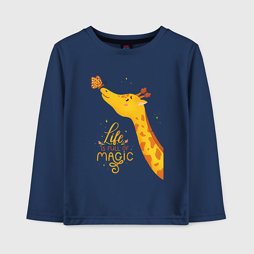 Детский лонгслив Пятнистые друзья - жираф и бабочка / Тёмно-синий – фото 1
