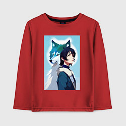 Лонгслив хлопковый детский Мечтательная девчонка и волк - нейроарт, цвет: красный