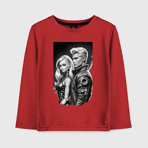 Детский лонгслив Барби и Кен - киберпанк эскиз / Красный – фото 1