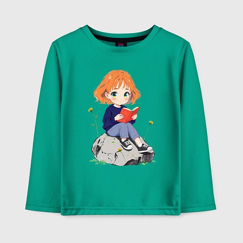 Детский лонгслив Рыжая девушка читает книгу / Зеленый – фото 1