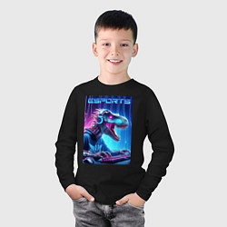 Лонгслив хлопковый детский Tyrannosaurus is esports player - neon glow, цвет: черный — фото 2