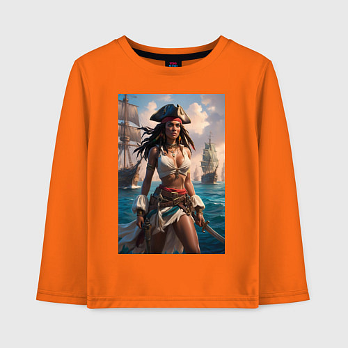 Детский лонгслив Пиратка на фона флотилии кораблей / Оранжевый – фото 1
