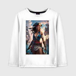 Лонгслив хлопковый детский Пиратка на фона флотилии кораблей, цвет: белый