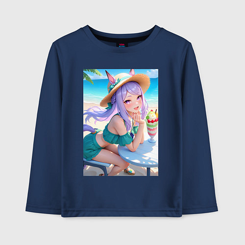 Детский лонгслив Девушка-пони кушает мороженое / Тёмно-синий – фото 1