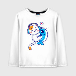 Лонгслив хлопковый детский Котик и рыба, цвет: белый