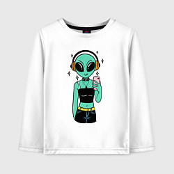 Лонгслив хлопковый детский Девочка инопланетянин с телефоном, цвет: белый