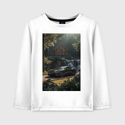 Лонгслив хлопковый детский Черный суперкар возле коттеджа в лесу, цвет: белый
