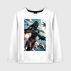 Лонгслив хлопковый детский Девушка-мандалорец летит в космосе, цвет: белый