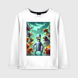 Лонгслив хлопковый детский Bender bending robot among the monsters - ai art f, цвет: белый