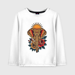 Лонгслив хлопковый детский Слон на фоне солнца с розами в стиле тату, цвет: белый