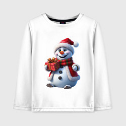 Детский лонгслив Новогодний снеговик в красной шапке