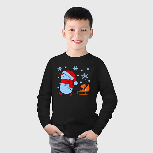 Детский лонгслив Снеговик с санками / Черный – фото 3