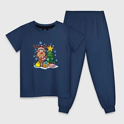 Пижама хлопковая детская Олень под елкой, цвет: тёмно-синий