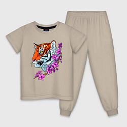 Пижама хлопковая детская Тигр, цвет: миндальный
