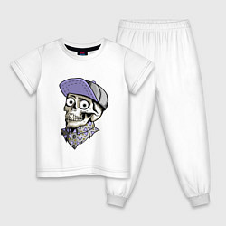 Пижама хлопковая детская Скелет в рубашке и кепке, цвет: белый