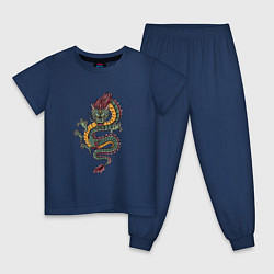 Пижама хлопковая детская Зелёный китайский дракон, цвет: тёмно-синий