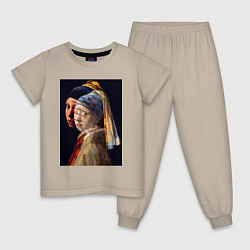 Пижама хлопковая детская Ян Вермеер, Девушка с жемчужной сережкой, цвет: миндальный