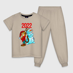 Пижама хлопковая детская Тигр и снеговик 2022, цвет: миндальный