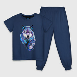 Пижама хлопковая детская Волк акварель, цвет: тёмно-синий