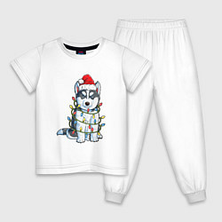Пижама хлопковая детская НОВОГОДНИЙ ХАСКИ В ГИРЛЯНДЕ, цвет: белый