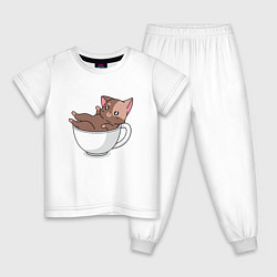 Пижама хлопковая детская Милый Котик в чашке, цвет: белый