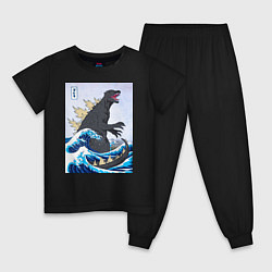 Пижама хлопковая детская Godzilla in The Waves Eastern, цвет: черный