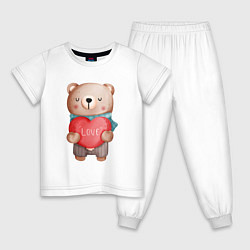 Пижама хлопковая детская Мишка с сердечком Валентинка, цвет: белый